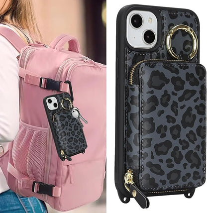 Crossbody Wallet Case for iPhone 14 Plus, PU Leather Zipper Handbag Purse Flip Cover, Kickstand Folio Case with Card Slots Holder Wrist Strap Lanyard 5G 6.7 Inch-Black Leopard