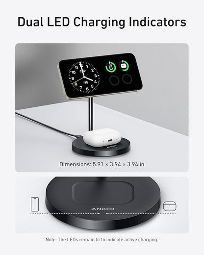 Anker MagSafe Compatible MagGo Charger Stand, iPhone 17 Wireless Charger, 2-in-1 Charging Station, Qi2 Certified 15W Fast Charging, for iPhone 17/16/15/14/13/12, AirPods Pro (40W Adapter Included)
