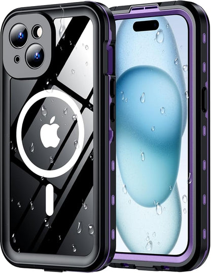 Red2Fire for iPhone 15 Case Waterproof, [Built-in Screen Protector & Camera Protector][Compatible with MagSafe][Full Body Shockproof][IP68 Waterproof][Dustproof] Phone Case 6.1" Purple/Clear