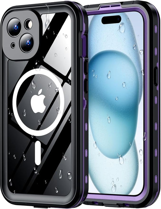 Red2Fire for iPhone 15 Case Waterproof, [Built-in Screen Protector & Camera Protector][Compatible with MagSafe][Full Body Shockproof][IP68 Waterproof][Dustproof] Phone Case 6.1" Purple/Clear
