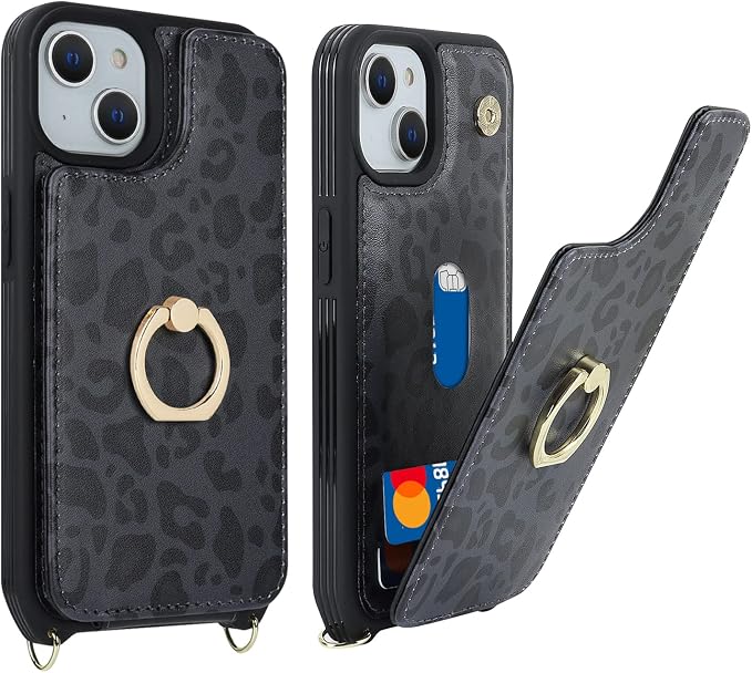 Lipvina for iPhone 13 Case with Card Holder for Women,Phone Case with Strap,Crossbody Lanyard,RFID Blocking,Ring Stand,Snap Clasp,Cute Wallet Cases for iPhone 13(6.1 inch,Black Leopard)