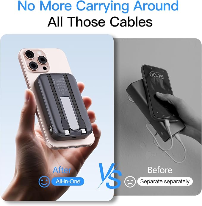 2026 Latest Portable Charger, 10000mAh Magnetic Wireless Power Bank with 2 Built in Cables, LED Display Battery Pack Travel Essentials for iPhone 17/16/15/14/13/Pro/Mini/Pro Max Andriod