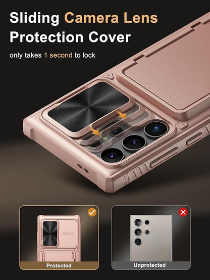 Vihibii for Samsung Galaxy S23 Ultra Case with Card Holder (4 Cards), Slide Camera Cover & Stand, Raised Edges Protect Screen & Military Grade Drop Protection Case for Galaxy S23 Ultra 5G 6.8", Gold
