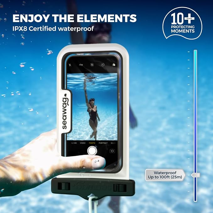 SEAWAG Next Waterproof Phone Case with Lanyard, Floating IPX8 Pouch for iPhone 17 16 Pro Max 15 14 13 12 11 & Samsung Galaxy S25 S24, Beach Cruise Travel Essentials, 2 Pack Black and White