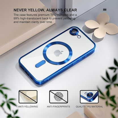 Misea Magnetic for iPhone 17e / 16e Case Compatible with MagSafe [Never Yellowing] [Military Grade Drop Protection] Full Camera Lens Protector Plating Soft Clear Phone Case for Women 6.1", Deep Blue