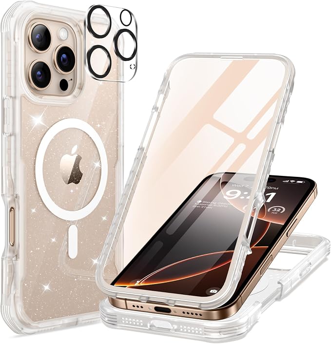 seacosmo Magnetic for iPhone 16 Pro Max Case for Women, Girly, Men, Full Body with Built-in Screen and Camera Lens Protector, Anti-Yellowing, Shockproof Cute Phone Case, 6.9", Clear Glitter
