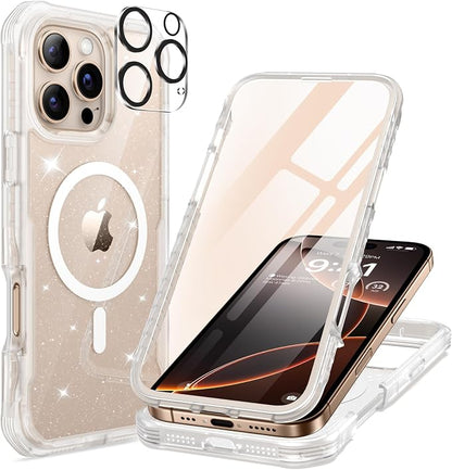 seacosmo Magnetic for iPhone 16 Pro Max Case for Women, Girly, Men, Full Body with Built-in Screen and Camera Lens Protector, Anti-Yellowing, Shockproof Cute Phone Case, 6.9", Clear Glitter