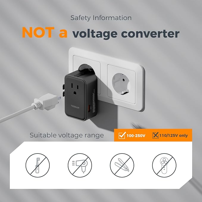 TESSAN 20W International Power Adapter, Black | Ultra Slim, 2 USB-C 1 USB-A, US to European UK Spain England New Zealand, Type C G A I