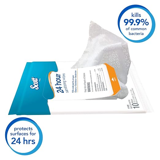 Scott 24 Hour Sanitizing Wipes – Multi-Surface Cleaning & Disinfecting, Continuous Sanitization for 24 Hours – (41526), 50 Packs x 10, 500 Wipes