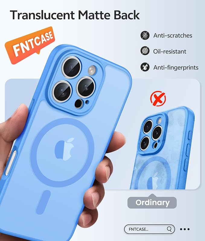 FNTCASE for iPhone 16 Pro Max Case, Fit for Magsafe, Glass Screen Protector | Full Camera Protection, Translucent Matte, 14FT Military Grade Drop Proof, Shockproof Protective Phone Cover, Ice Blue