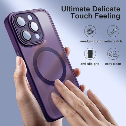 ROYBENS for iPhone 14 Pro Matte Clear Case Compatible with Magsafe, Full Camera Lens Protection, Screen Protector, Wrist Strap, Translucent Magnetic Slim Hard Protective Phone Cover, Purple