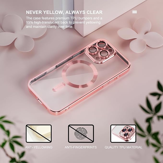 Misea Magnetic for iPhone 16 Pro Max Case Compatible with MagSafe [Never Yellowing] [Military Grade Drop Protection] Full Camera Lens Protector Plating Soft Clear Phone Case for Women 6.9", Pink