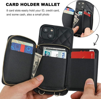 Bocasal Crossbody Wallet Case for iPhone 14 Plus, RFID Blocking PU Leather Zipper Handbag Purse Flip Cover, Kickstand Folio Case with Card Slots Holder Wrist Strap Lanyard 5G 6.7 Inch (Black)