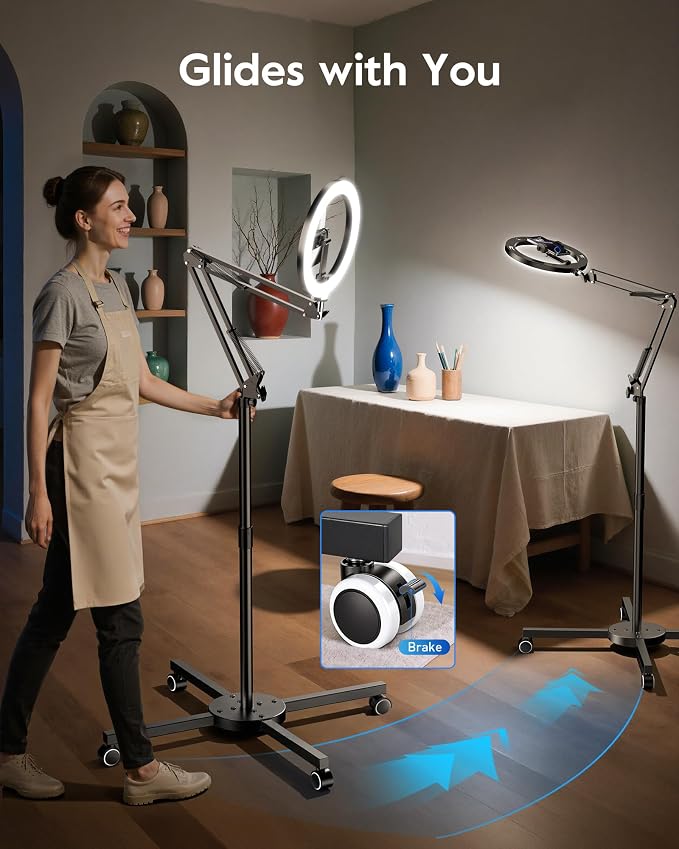 Ring Light with Stand & Lockable Wheels, Ring Light Tripod for iPhone with Phone Holder for Video Recording, Overhead Phone Mount, 30 Lighting Combinations, Perfect for Crafts/Live Streaming/Tutorials
