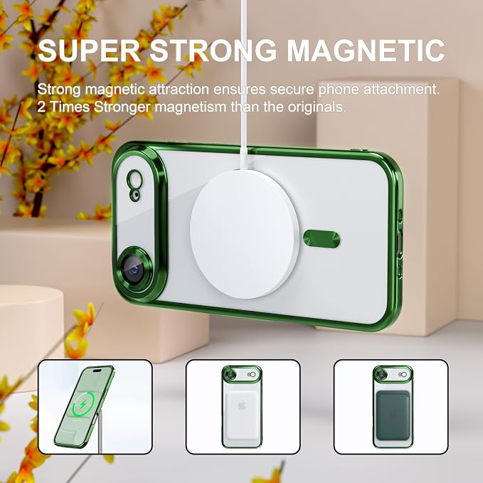 Misea Magnetic for iPhone 17 Air Case Compatible with MagSafe [Never Yellowing] [Military Grade Drop Protection] Full Camera Lens Protector Plating Soft Clear Phone Case for Women, Green