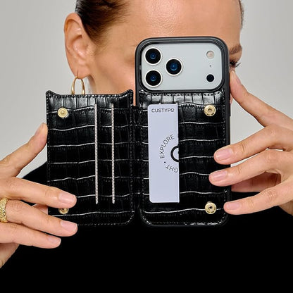 CUSTYPE Compatible with iPhone 17 Pro Wallet Case with Card Holder,180°Ring Holder Kickstand Card Slots Case,PU Leather Protective Case for iPhone 17 Pro 6.3inch-Black
