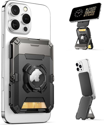 SUPCASE for MagSafe Wallet with AirTag Holder, Magnetic Airtag Wallet for Men, [Hold 5 Cards] [Adjustable Stand] [RFID Blocking] Phone Card Holder Tripod for iPhone 17/16/15/14/13/12 Series, Dark