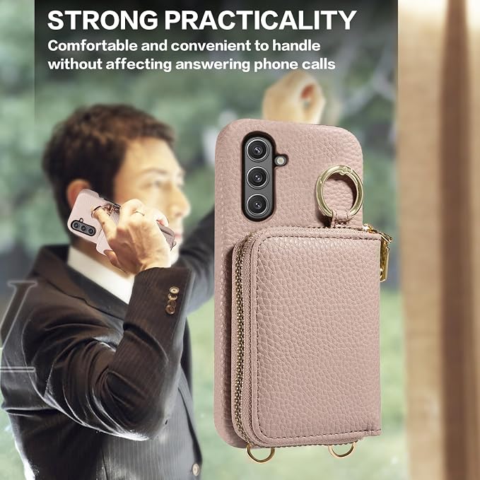 Wallet Case for Samsung Galaxy A26 5G with Shoulder Strap Ring Buckle, Luxury PU Leather Zipper Flip Organ Purse, Credit Card Holder Stand Full Body Cell Phone Cover for A 26 26A LTE Khaki