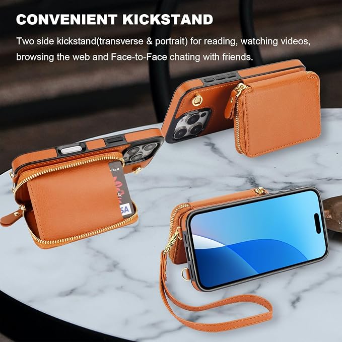 Bocasal for MagSafe Crossbody Wallet Case Compatible with iPhone 16 Pro, RFID Blocking Protective Purse Case with Card Slots Holder Kickstand Wrist Strap Lanyard Zipper 6.3 Inch 5G (Brown)