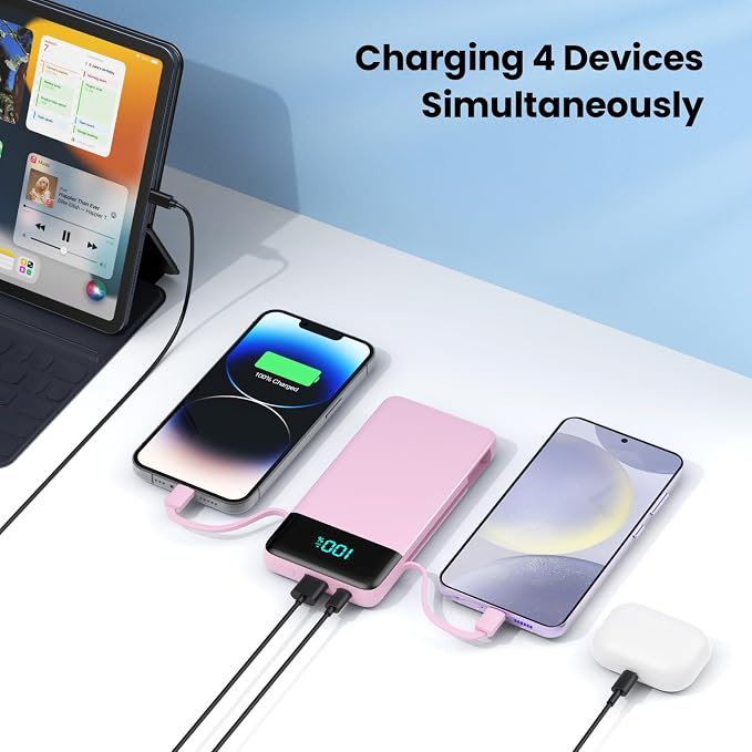 Portable Charger for iPhone,13800mAh Slim Power Bank with Built-in Cables & AC Wall Plug,All in One 4 Outputs USB C Fast Charging Battery Pack for iPhone 17/16/15/14,Android,Travel Essential (Pink)