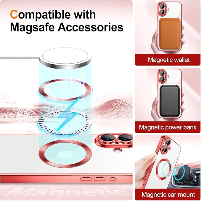 Hython for iPhone 17 Case Glitter Clear Magnetic Phone Cases [Compatible with MagSafe] Full Camera Lens Protector Sparkle Luxury Plating Slim Shockproof Protective Cover Women, Gradient Red