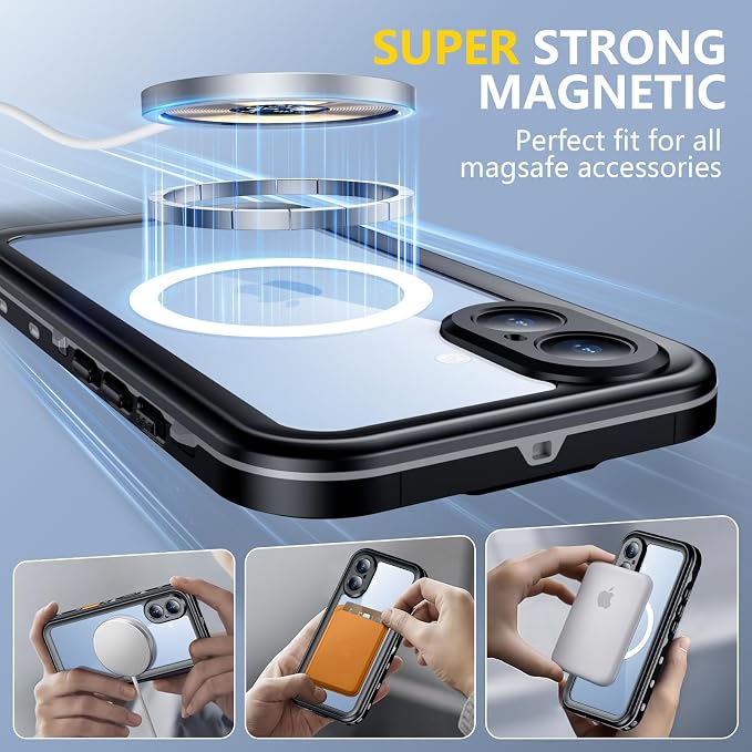 Red2Fire for iPhone 17 Case Waterproof, [Built-in Screen Protector & Camera Protector][Compatible with MagSafe][Full Body Shockproof][IP68 Waterproof][Dustproof] Phone Case 6.3" Black/Clear