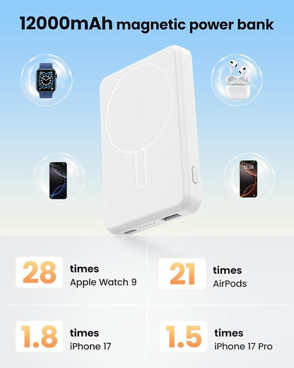 for Magsafe Portable Charger Power Bank, 12000mAh Magnetic Power Bank with 15W Wireless & 20W USB C Fast Charging, Ultra-Slim Battery Pack for iPhone 17/16/15/14/13/12 Series, Travel Essential