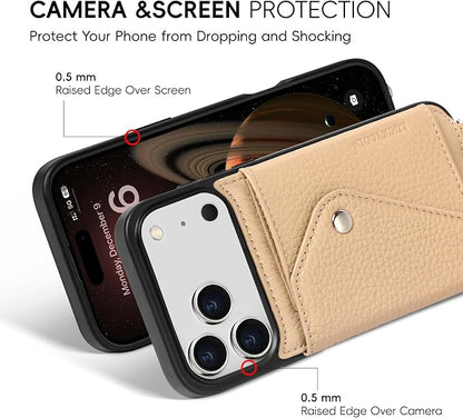 LUCKYCOIN for iPhone 17 Pro Max Crossbody Wallet Case – Genuine Leather Phone Purse with Adjustable Strap and Card Holder,Lanyard Phone Purse Case for Women,Pebble Grain Beige