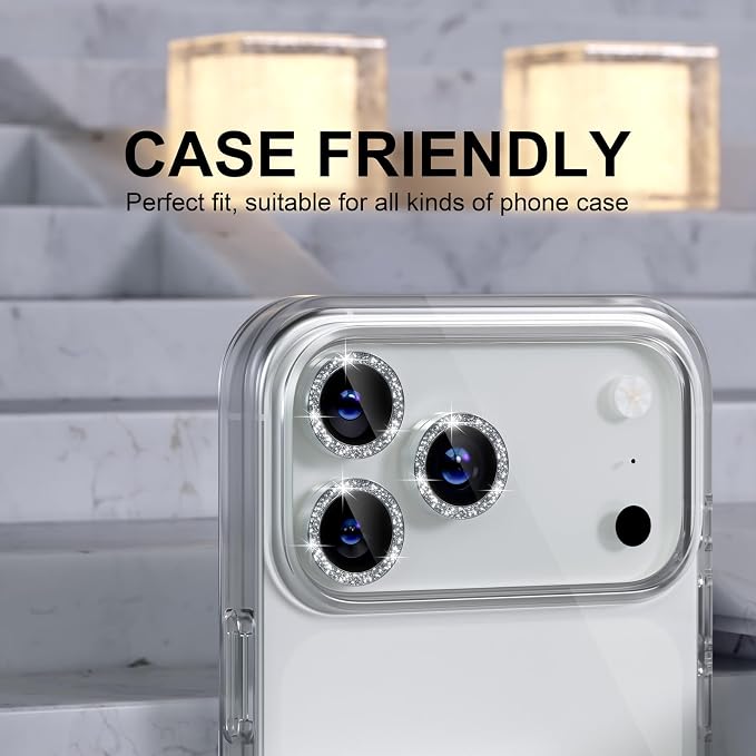 Choiche Compatible for iPhone 17 Pro/iPhone 17 Pro Max Camera Lens Protector Bling, 9H Tempered Glass Camera Cover Screen Protector Metal Ring Decoration Accessories (Glitter-Silver)
