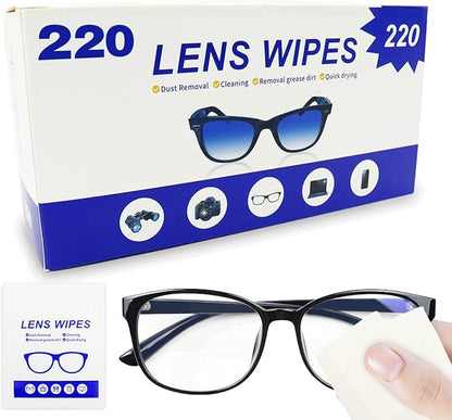 220 Count Lens Wipes (200 + 20 Bonus Pack) - Pre-Moistened Individual Wrapped Glasses Cleaner - Streak-Free Cleaning Wipes for Eyeglasses, Phone Screens, Sunglasses