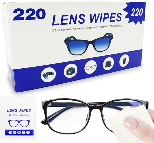 220 Count Lens Wipes (200 + 20 Bonus Pack) - Pre-Moistened Individual Wrapped Glasses Cleaner - Streak-Free Cleaning Wipes for Eyeglasses, Phone Screens, Sunglasses