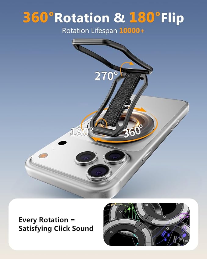Oerwin for Magsafe Phone Grip Stand, 6-in-1 Magnetic Phone Holder for Magsafe Kickstand, 360° Rotation Phone Ring Holder with Elastic Strap, Compatible with iPhone 17/16/15/14/13/12 Series & Android