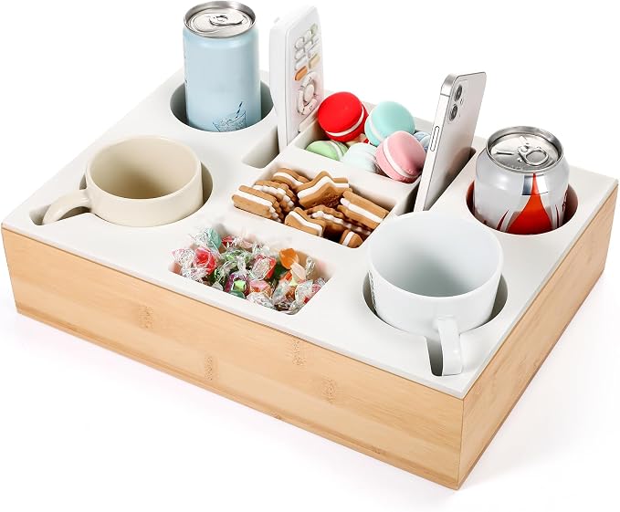 Yerliker Couch Cup Holder Tray, Silicone Lining Couch Caddy Waterproof Anti-spill Sofa Cup Holder for Bed Car Seat Organizer, Hold Mugs, Drinks, Snacks, Phones, Remotes(Rectangle,White,Bamboo)