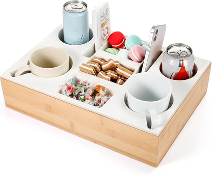 Yerliker Couch Cup Holder Tray, Silicone Lining Couch Caddy Waterproof Anti-spill Sofa Cup Holder for Bed Car Seat Organizer, Hold Mugs, Drinks, Snacks, Phones, Remotes(Rectangle,White,Bamboo)