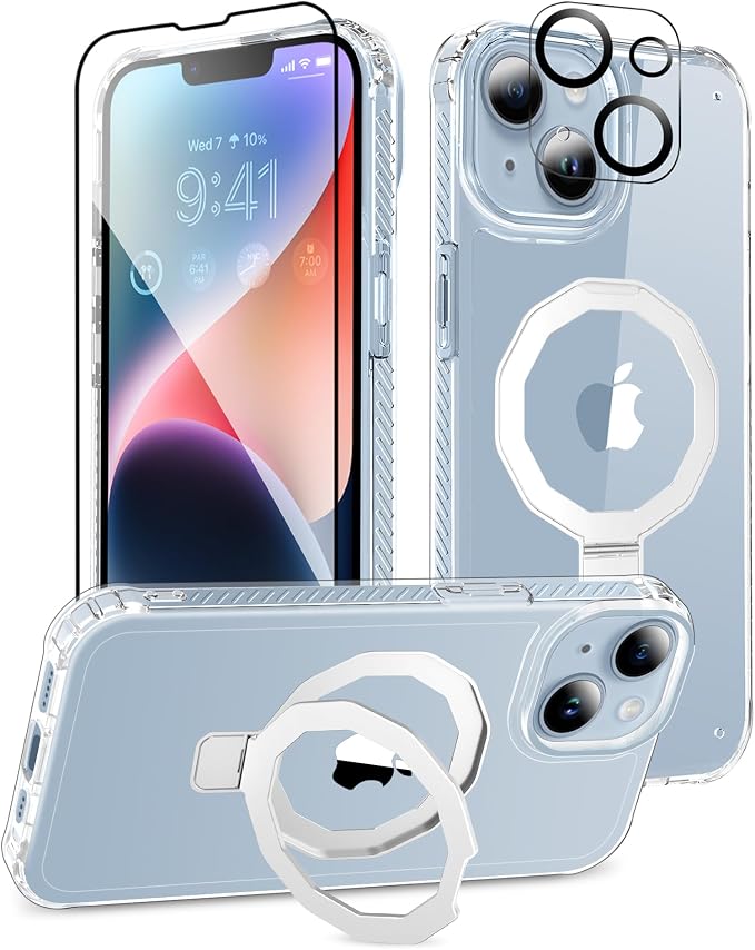 for iPhone 14 Case, with Screen Protector + Camera Lens Protector, Built-in Seamless Stand, [Compatible with MagSafe] Protective Shockproof Phone Case, Cover for iPhone 14 - Clear