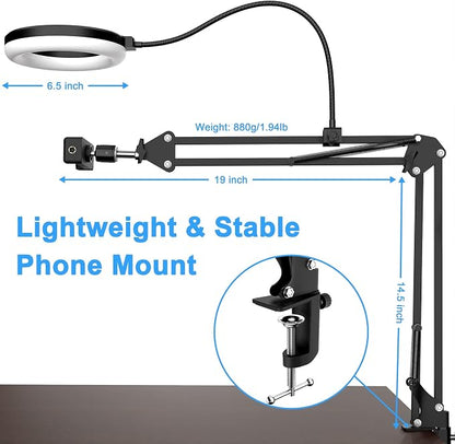 Overhead Camera Mount with Ring Light, 6‘’ Overhead Phone Mount Compatible with iPhone Camera Webcam, Articulating Arm Phone Mount for YouTube Live Stream Cooking Nail Video Recording