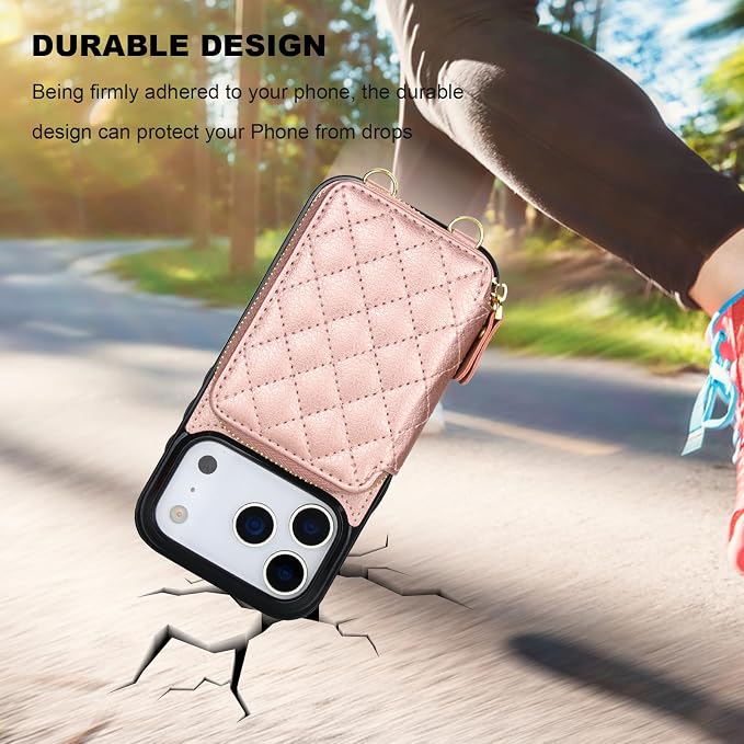 Bocasal Crossbody Wallet Case for iPhone 17 Pro, RFID Blocking PU Leather Zipper Handbag Purse Flip Cover, Kickstand Folio Case with Card Slots Holder Wrist Strap Lanyard 5G 6.3 Inch (Rose Gold)