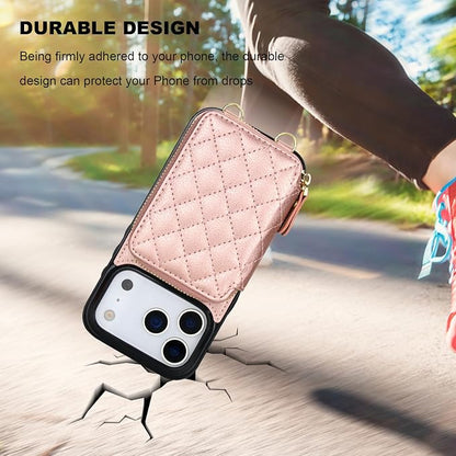 Bocasal Crossbody Wallet Case for iPhone 17 Pro, RFID Blocking PU Leather Zipper Handbag Purse Flip Cover, Kickstand Folio Case with Card Slots Holder Wrist Strap Lanyard 5G 6.3 Inch (Rose Gold)