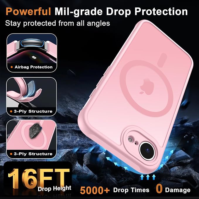 MOCCA Strong Magnetic for iPhone 17e Case/iPhone 16e Case [Compatible with Magsafe] [Full Camera Protection] Slim Translucent Matte Shockproof Phone Case for iPhone 17e / 16e 6.1", Pink