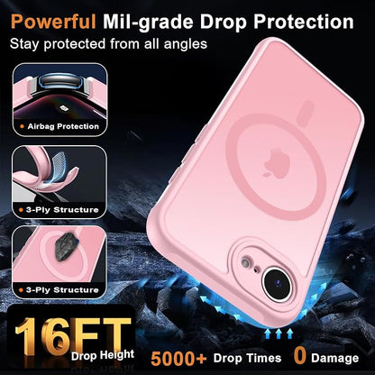 MOCCA Strong Magnetic for iPhone 17e Case/iPhone 16e Case [Compatible with Magsafe] [Full Camera Protection] Slim Translucent Matte Shockproof Phone Case for iPhone 17e / 16e 6.1", Pink
