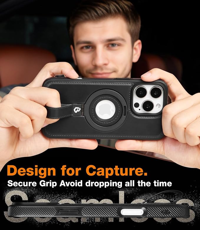 for iPhone 16 Pro Leather Case with Stand, Anti-Slip Grip Ring, Fits for MagSafe (Black, iPhone 16 Pro)