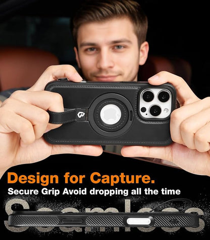 for iPhone 16 Pro Leather Case with Stand, Anti-Slip Grip Ring, Fits for MagSafe (Black, iPhone 16 Pro)
