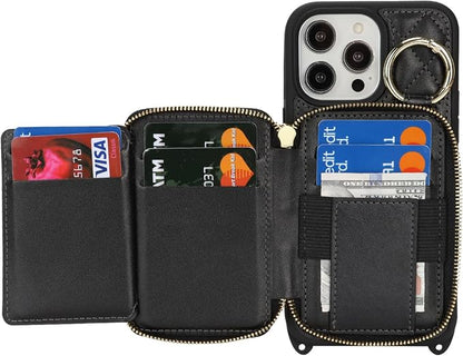 Crossbody Wallet Case for iPhone 14 Pro Max, PU Leather Zipper Handbag Purse Flip Cover, Kickstand Folio Case with Card Slots Holder Wrist Strap Lanyard 5G 6.7 Inch-Black