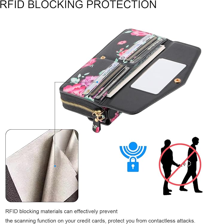 Crossbody Wallet Case for iPhone 16 Pro Max, Magnetic Detachable Floral PU Leather Phone Case with RFID Blocking Card Holder Wristlet Mirror Flip Zipper Shoulder Purse for Women - Black F