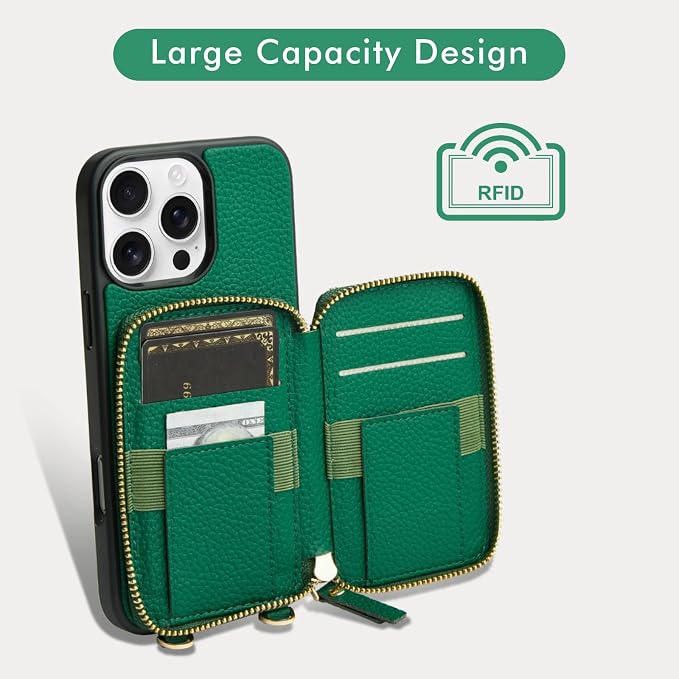 LAMEEKU Compatible for iPhone 16 Pro Max Wallet Case, Zipper Leather Card Slots, Crossbody With Phone Grip Holder Stand Wrist Strap for 6.9 Inch Dark Green