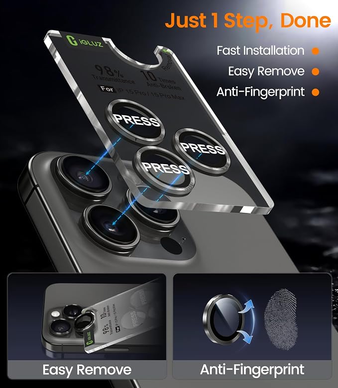 iGluz 2 Pack Anti-Reflection Camera Lens Protector for iPhone 15 Pro/15 Pro Max - Anti-Fog Ultra Thin Tempered Glass, 1-Step Installation Tray, Strong Adsorption, 9H Shatterproof & Scratch Resistant, Black Titanium