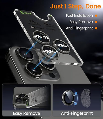 iGluz 2 Pack Anti-Reflection Camera Lens Protector for iPhone 15 Pro/15 Pro Max - Anti-Fog Ultra Thin Tempered Glass, 1-Step Installation Tray, Strong Adsorption, 9H Shatterproof & Scratch Resistant, Black Titanium