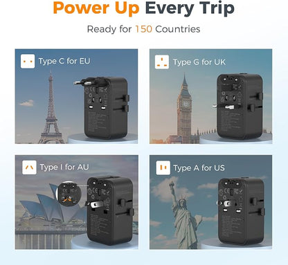 TESSAN 20W International Power Adapter, Black | Ultra Slim, 2 USB-C 1 USB-A, US to European UK Spain England New Zealand, Type C G A I
