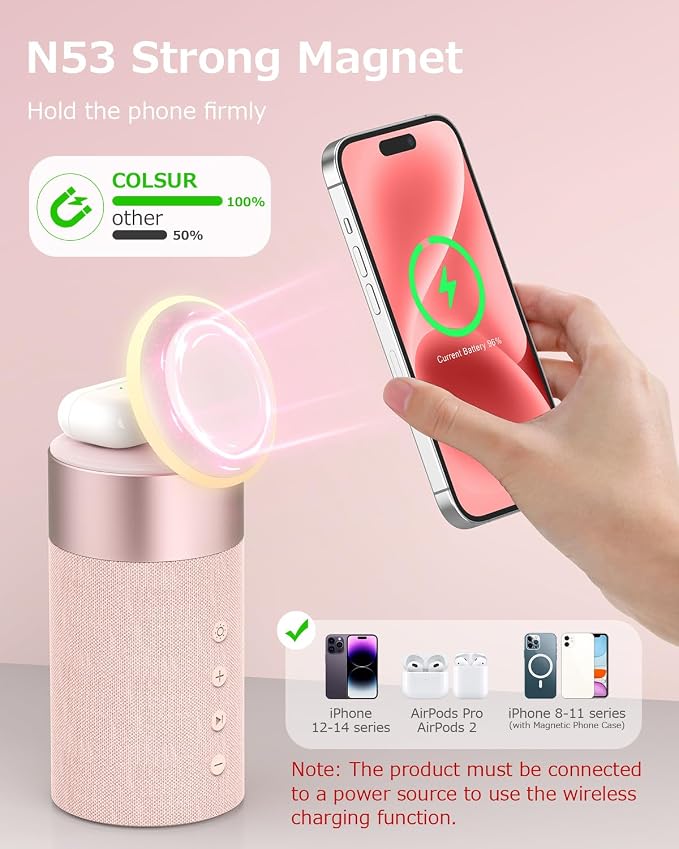 COLSUR Bluetooth Speaker, Magnetic Wireless Charger, Bluetooth Speakers with Night Light, 2 in 1 Wireless Charging Station for iPhone 17/16/15/14/13/12 Series, AirPods Pro 2/4/3/2（Gift Ideal） (Pink)