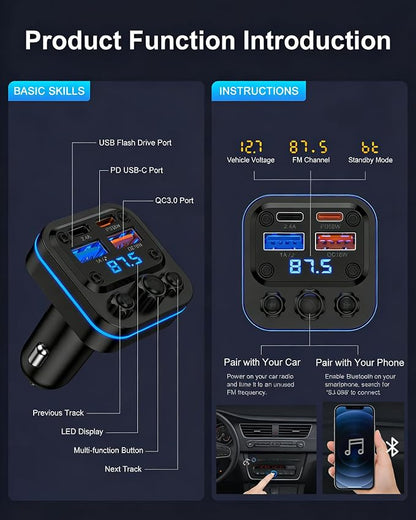 Bluetooth Fm Transmitter for Car, 54w Fast Charging, Blue Tooth 5.4 Car Charger USB-C USB-A Multi Ports, Wireless Radio Aux Cigarette Lighter Adapter Auxiliary for Samsung Galaxy Android iPhone Apple